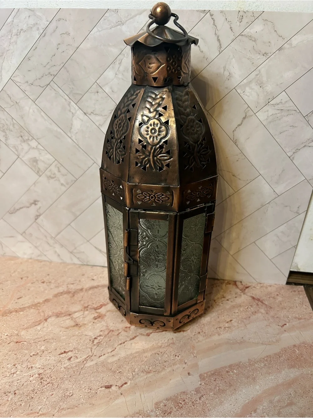 Antique- Moroccan Style Copper Lantern with Green Glass Panel